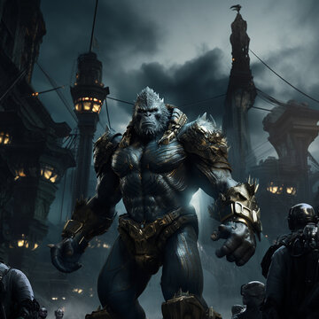 Un gorille gigantesque &eacute;quip&eacute; d'une armure de guerre, expression mena&ccedil;ante, regard sombre, avec des militaires en premier plan.