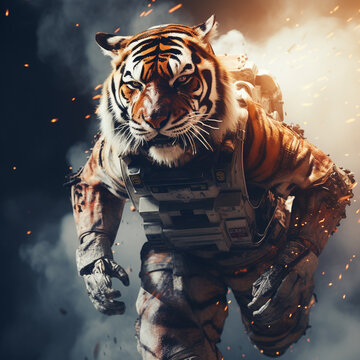 Une illustration conceptuelle d'un astronaute &agrave; t&ecirc;te de tigre &eacute;quip&eacute; d'une combinaison spatiale dans l'espace, explosion en arri&egrave;re-plan.