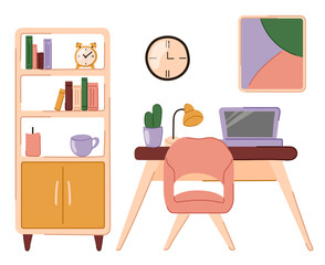 Home office flat design vector illustration. Doodle illustration of modern interior with laptop. Interior with desk, plant, books, chair. Home office and working from home concept.