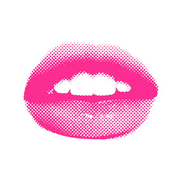Color Halftone woman lips visible teeth isolated vector realistic illustation.