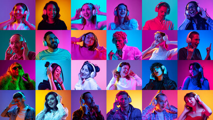 Fototapeta na wymiar Collage made of portraits of different people, men and women listening to music in headphones over multicolored background in neon light. Concept of human emotions, lifestyle, facial expression. Ad