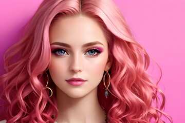 Fototapeta premium Young beautiful woman with makeup and pink hairs. Cosmetics model. AI Generative 
