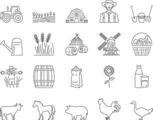 Farm Icons Set. Farmer, Cattle, Harvest. Editable Stroke. Simple Icons Vector Collection