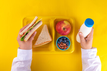 Healthy school meal, children packed lunch box with fruit, berry, nuts and sandwich with...