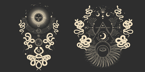 magical forest elements. images of a snake, night moth, fly agaric mushrooms, plant and space elements. Ideal for printing on fabric or clothing, wallpaper and wrapping paper © chikovnaya