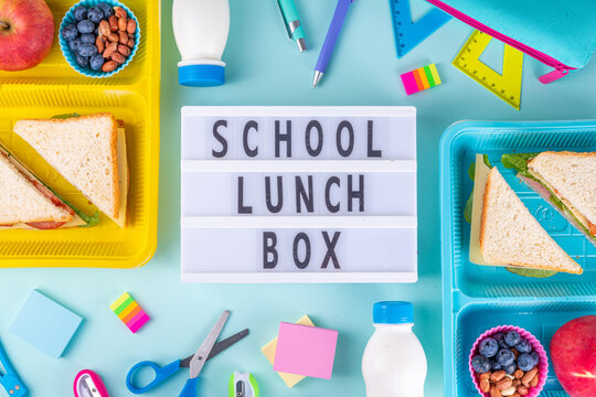 Healthy school meal, children packed lunch box with fruit, berry, nuts and sandwich with vegetables. Kids diet snack food with education school supplies, bright blue background top view copy space