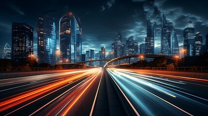 Fototapeta na wymiar High traffic at night in a lighting big metrolpole city with stunning lights and light strips