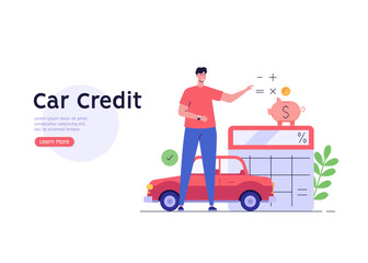 Man purchases car with new keys. Happy client buying new automobile. Car credit. Concept of auto loan, car buying, auto finance, calculator. Vector illustration in flat design for web banners, UI