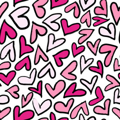 Seamless pattern with abstract pink hearts. Hand drawn ink print for fabric, textiles, wrapping paper. Vector illustration