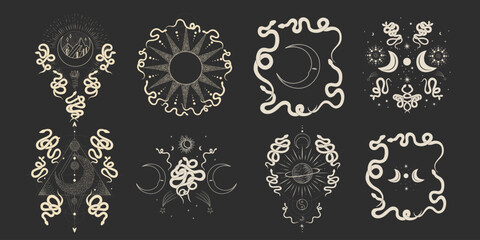 magical forest elements. images of a snake, night moth, fly agaric mushrooms, plant and space elements. Ideal for printing on fabric or clothing, wallpaper and wrapping paper