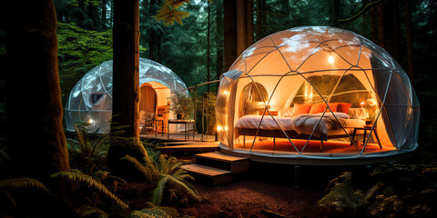 Campsite geodesic glamping bubble dome with leds in the forest	 - obrazy, fototapety, plakaty