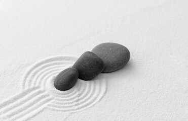 Zen Garden with Grey Stone on White Sand Line Texture Background, Black Rock Sea Stone on Sand Wave...