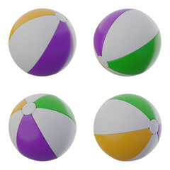 Set of colorful beach ball, PNG, Transparent background, 3d render beach ball, Purple, Yellow, Green and white