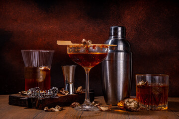 

Trendy hard alcohol mushroom cocktail, booze-free mushroom infused drinks in various cocktail...