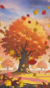 autumn landscape with trees and falling leaves. Cartoon or anime watercolor painting illustration style. seamless looping 4K time-lapse virtual video animation background.