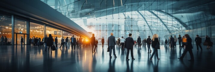 Background or banner for business conference, meeting, advertising. blurred business people walk through the business center. AI generation