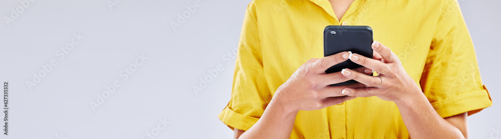 Poster phone, banner or hands of person in studio scrolling on social media, mobile app or internet. online