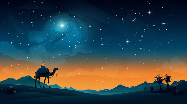 fundo isl&acirc;mico com camelo, via l&aacute;ctea e enfeite de lua.