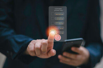 Customer Experience dissatisfied Concept, Unhappy Businessman Client with Sadness Emotion Face on smartphone screen, Bad review, bad service dislike bad quality, low rating, social media not good.