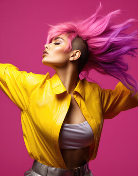 Young positive woman with purple hair in colorful clothing dancing on a studio. Generative AI.