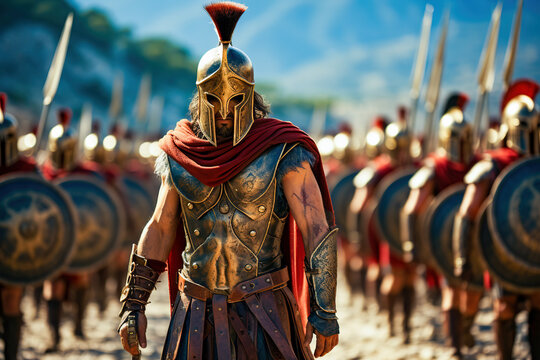 Spartan army. Spartans dressed in armor march in formation. 