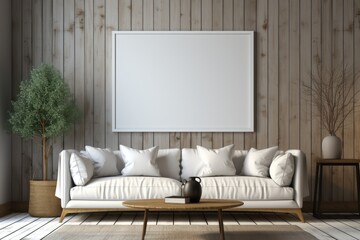 Large empty white mockup frame. minimalist room decoration. comfortable space with sofa and flower vase