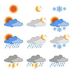 Collection of illustrations of weather seasons such as sunny, rainy, overcast, clear night, thunder, rainstorm, snow