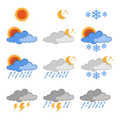 Obraz premium Collection of illustrations of weather seasons such as sunny, rainy, overcast, clear night, thunder, rainstorm, snow