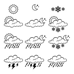 line art version of  the illustration set  of weather seasons such as sunny, rainy, overcast, clear night, thunder, rainstorm, snow