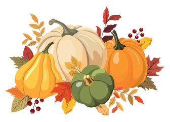 Colorful autumn pumpkins and forest leaves clipart. Isolated on white background. Seasonal design for greeting or poster. - obrazy, fototapety, plakaty