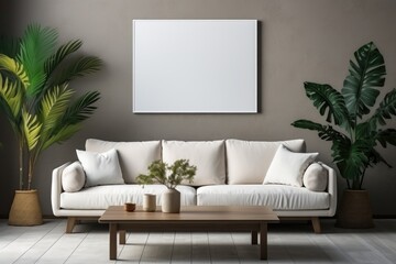 Mockup of white frame on the wall. Modern minimalist interior with beautiful decor. Large sofa, green plants, and table