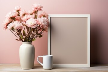 Empty frame mockup on the table. Minimalist decoration with a pink wall background