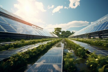 Green energy plant. Solar panels. Sun shine. Windmills. Tanks Lot AI generation