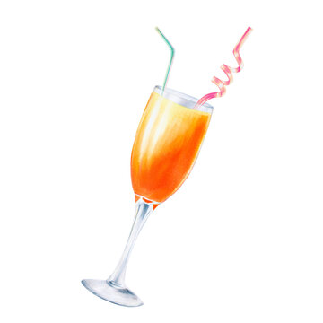 Watercolor illustration of glass goblet with orange cocktail with pink and blue tubes for drinks. Refreshing juice isolated on white background. For designers, spa decoration, postcards, wedding, 