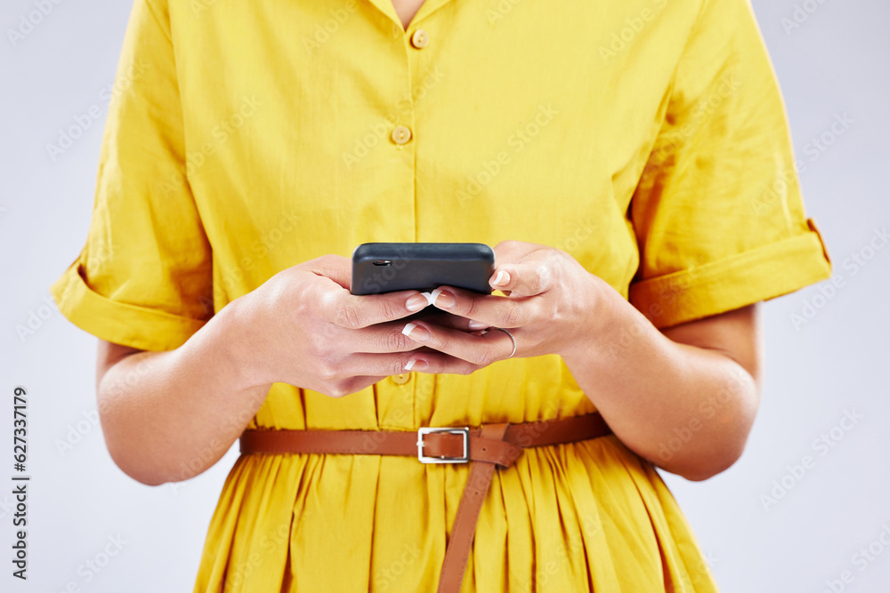 Poster Phone, chat or hands of woman in studio on social media, mobile app or internet web networking online. Texting, research or closeup of person typing on digital technology web on white background