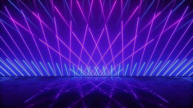 Glowing neon blue pink flashing laser rays burst animation background. disco lights loop