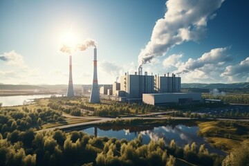 Green energy plant. Windmills. Sun shine. Windmills. Ecology. AI generation