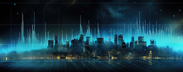 Digital Skyline with Skyscrapers, Illustrated Art Wallpaper for Business and Stock - Generative Ai