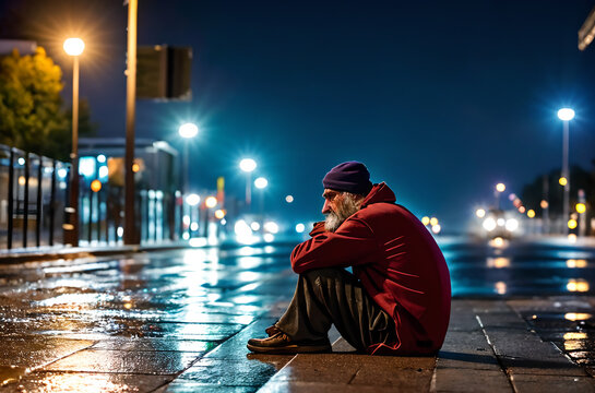 Homeless old man sitton on the sidewalk, generative ai
