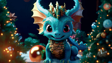Chinese New Year of the Dragon 2024. New Year's poster with a cartoon 3d dragon on the background of a Christmas tree. Vector illustration of a dragon at the Christmas tree with toys.
