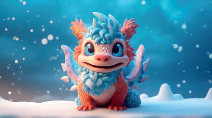Chinese New Year of the Dragon. 2024 year of the dragon. New year poster with cartoon 3d dragon character on snowy background. Vector illustration of a dragon on a winter snowy background.