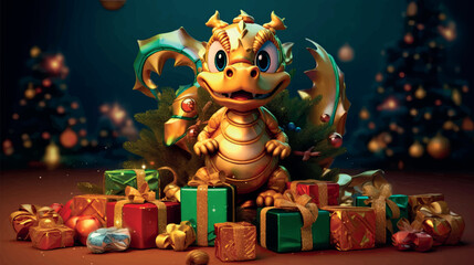 Chinese New Year of the Dragon 2024. New Year's poster with a cartoon 3d dragon on the background of a Christmas tree. Vector illustration of a dragon at the Christmas tree with toys.