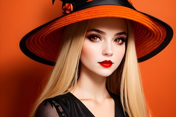 Halloween woman with witch hat posing. Happy halloween holiday. AI generative image