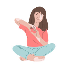 A cheerful, smiling young woman, teenager with vitiligo. A happy, confident girl with white pigmentation. A cute character sits and shows a heart with his hand.