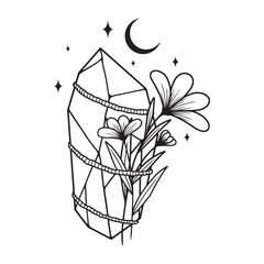 Magical crystal with flowers, moon and stars. Vector art