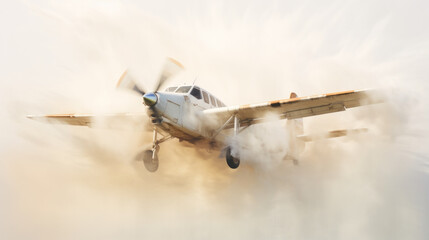 White and brown propeller plane painting on a clear ethereal abstract cloud background with subtle tonal gradations - obrazy, fototapety, plakaty