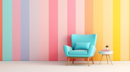 Pastel multi colour vibrant groovy retro striped background wall frame with bright armchair decor....