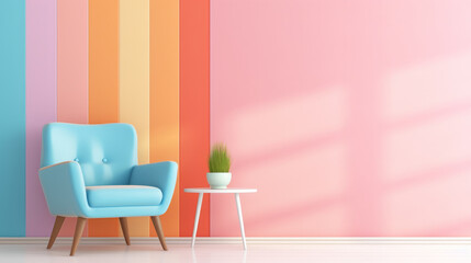 Pastel multi colour vibrant groovy retro striped background wall frame with bright armchair decor. Mock up template for product presentation.