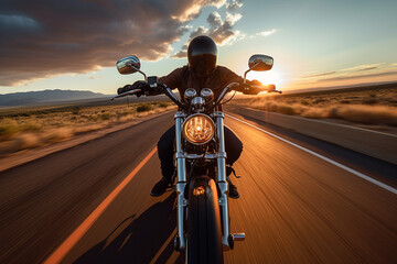 Front view of a biker riding a vintage motorcycle galloping on US Route and natural American landscape