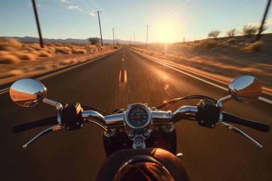 First Person Perspective Riding A Vintage Motorcycle Galloping On US Route And Natural Landscape